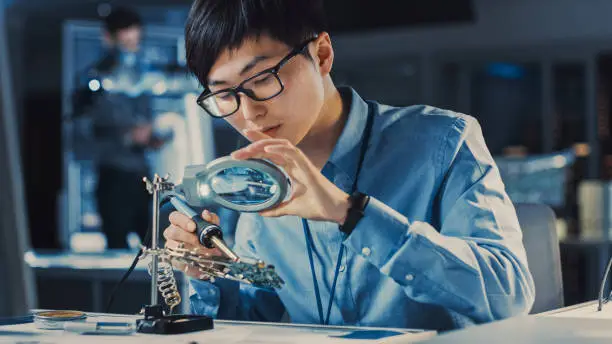 Photo of Professional Japanese Electronics Development Engineer in Blue Shirt is Soldering a Circuit Board in a High Tech Research Laboratory with Modern Computer Equipment.