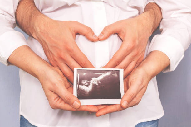 ecografía de corazón y foto en el vientre embarazada. - two parent family naked men couple fotografías e imágenes de stock
