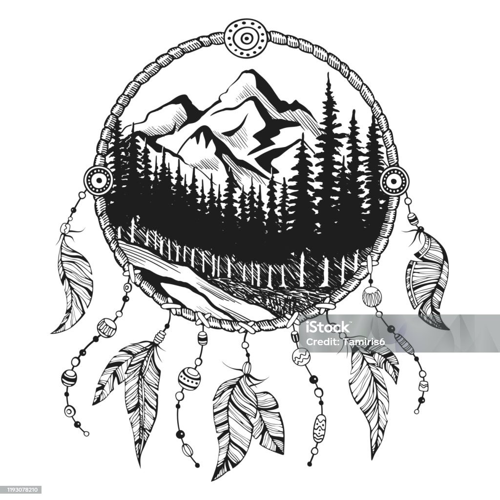 Black And White Illustration Of Indian Tribal Dream Catcher And Forest  Native American Hand Drawn Background Stock Illustration - Download Image  Now - iStock