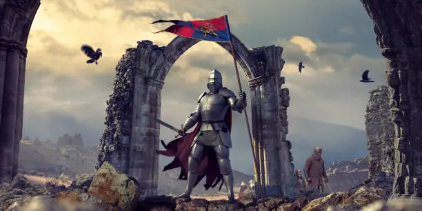A medieval knight wearing full armour, chainmail and cape, standing heroically, holding a banner flag with sword drawn. The knight stands on rocks in front of an archway of ruins. Other infantry are in the background, along with ravens flying nearby in the dramatic evening sky.