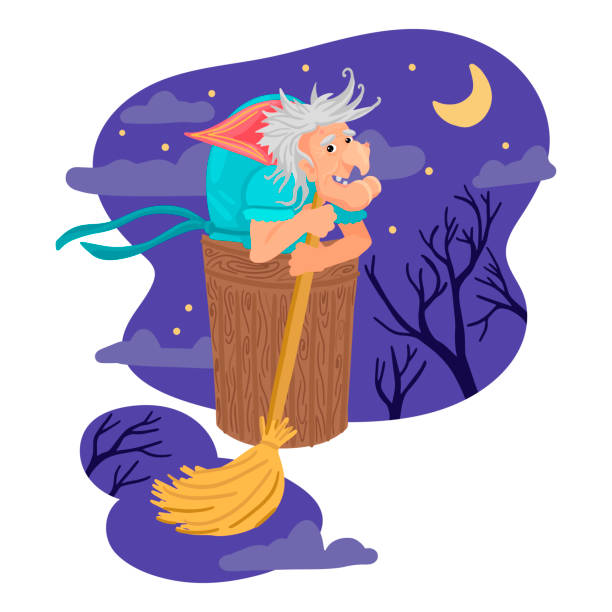 Baba Yaga from Russian fairy tales. A terrible old woman, flying in a wooden mortar with a broom. Witch. Vector illustration A terrible evil witch, old woman with broom, flies at night, dark sky and trees with the moon in the background. Baba Yaga is Russian character. Children illustration. Old woman with warts. Isolated on white background. Flat cartoon vector illustration. ugly old women stock illustrations
