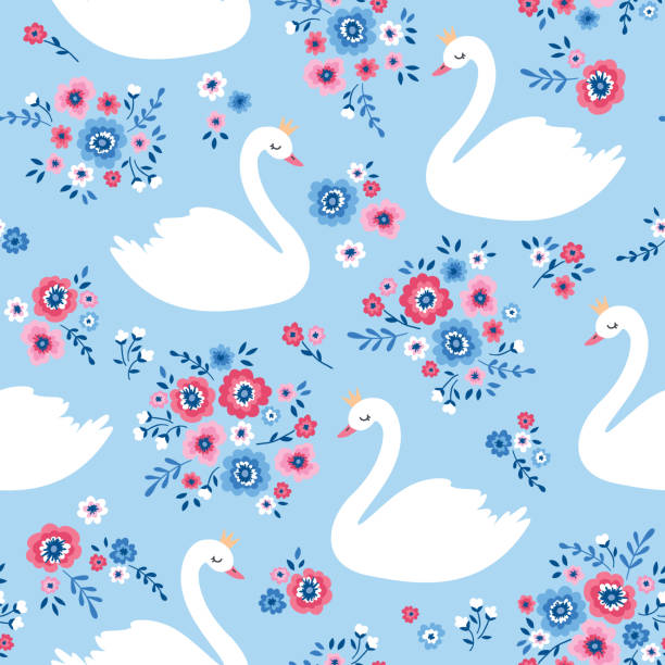ilustrações de stock, clip art, desenhos animados e ícones de vector seamless pattern with cartoon swan and flowers. lake illustration on blue background - swan princess cartoon crown