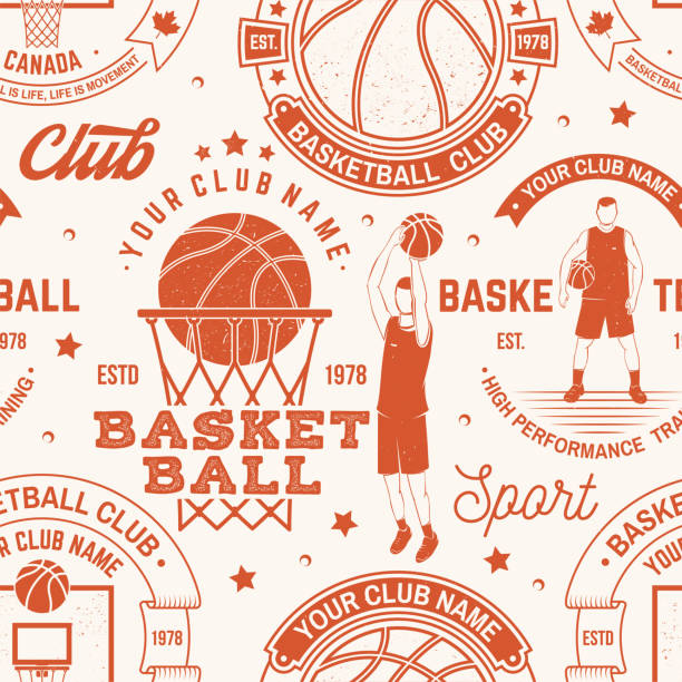 Basketball club seamless pattern or background. Vector illustration. Seamless sport pattern with basketball ball, basket, hoop and player silhouette. Basketball sport club texture.