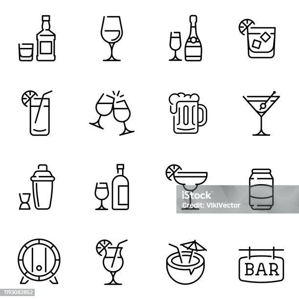 アルコール飲料細いラインベクトルアイコンセット - アルコール飲料のベクターアート素材や画像を多数ご用意 - アルコール飲料, 飲み物, カクテル