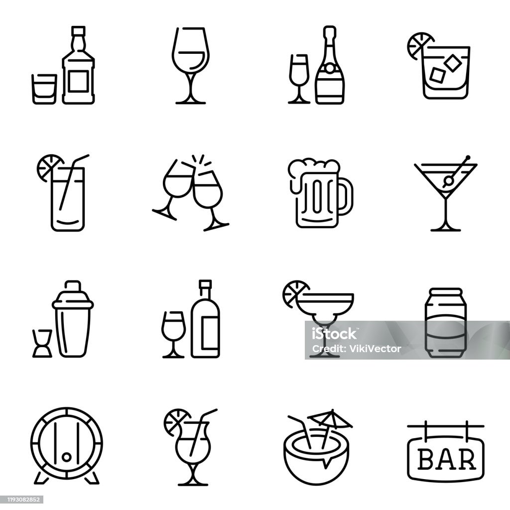Alcohol drinks thin line vector icons set Alcohol drinks thin line vector icons set. Beer mugs, wine and exotic cocktail glasses linear illustration collection. Contour wooden barrel and shaker. Minimalist bar signboard pictogram Alcohol - Drink stock vector