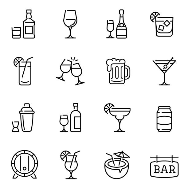 Alcohol drinks thin line vector icons set Alcohol drinks thin line vector icons set. Beer mugs, wine and exotic cocktail glasses linear illustration collection. Contour wooden barrel and shaker. Minimalist bar signboard pictogram happy hour stock illustrations