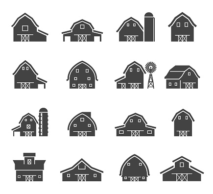 Rural barn building silhouettes glyph icons set. Farmyard architecture negative space symbols. Farm barns with water towers isolated on white background. Farm sheds, wind pump and silo pictograms