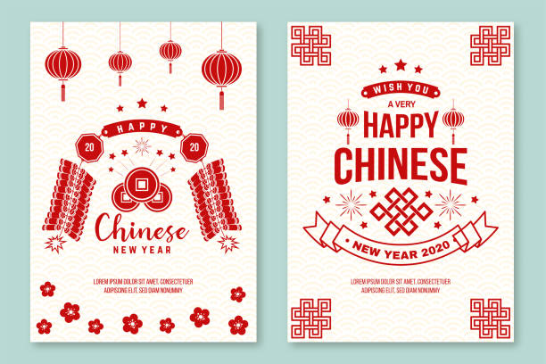 ilustraciones, imágenes clip art, dibujos animados e iconos de stock de set de feliz cartel del año nuevo chino 2020, folleto, tarjetas de felicitación. año nuevo felicitación postal clásica. signo chino año de tarjeta de felicitación de rata. banner para plantilla de sitio web. - medium shot