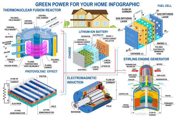 illustrations, cliparts, dessins animés et icônes de infographie sur la puissance verte. réacteur de fusion, turbine, panneau solaire, batterie, générateur de moteur de stirling, vecteur de pile à combustible. energie propre et alternative. - fuel and power generation wind turbine solar panel alternative energy