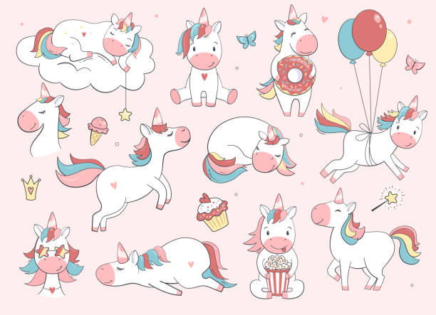 Cute unicorn set. Cute unicorn set. Vector characters for birthday, invitation, baby shower card, kids t-shirts and stickers kit. Hand drawn nursery illustration. little cute cartoon fantasy unicorn stock illustrations