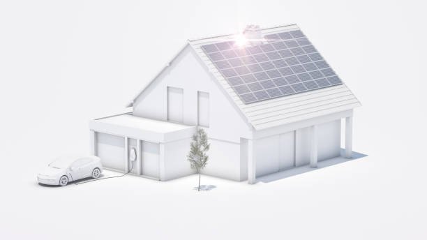 opladen van de auto thuis met elektriciteit uit eigen zonnepanelen 3d renderen - autarkie stockfoto's en -beelden