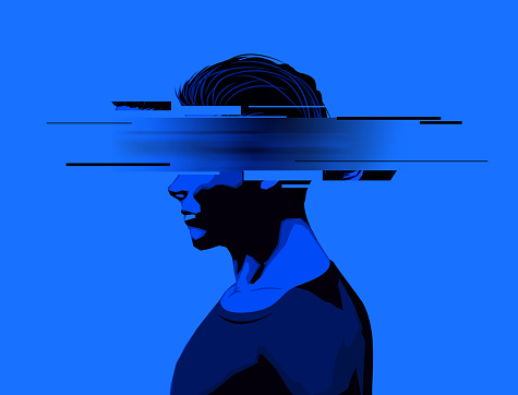 A young man with a partially obscure face. Mental wellbeing, mens issues, and rights concept.Vector illustration