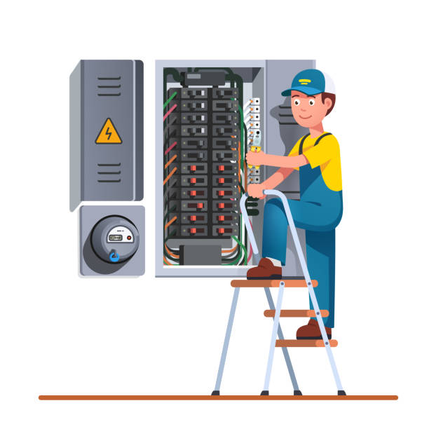 Electrician engineer man working with fuse box Electrician engineer man working with breaker, fuse box on ladder. Electrical service panel cabinet electric meter. Switch board wiring maintenance job. Flat vector technician character illustration electrical fuse stock illustrations