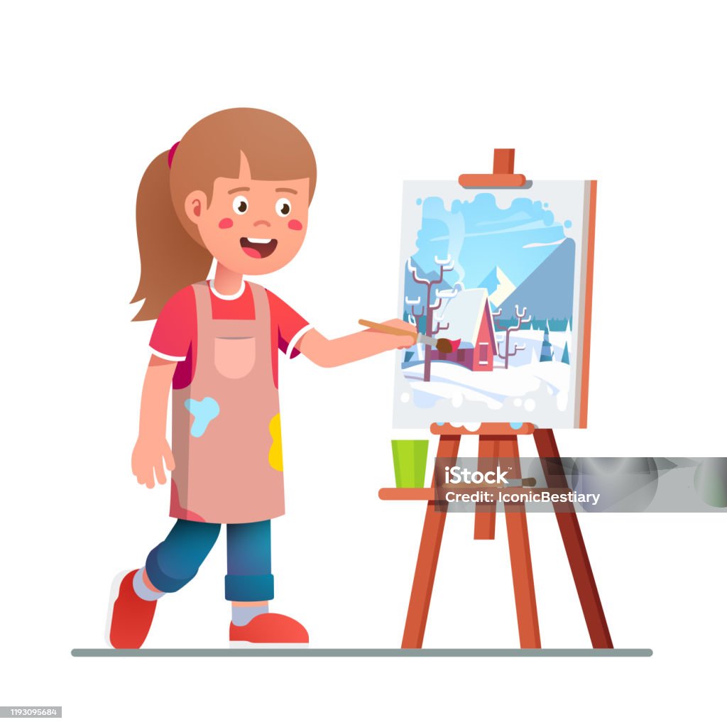 Artist Girl Kid Painting Winter Picture On Canvas Stock ...