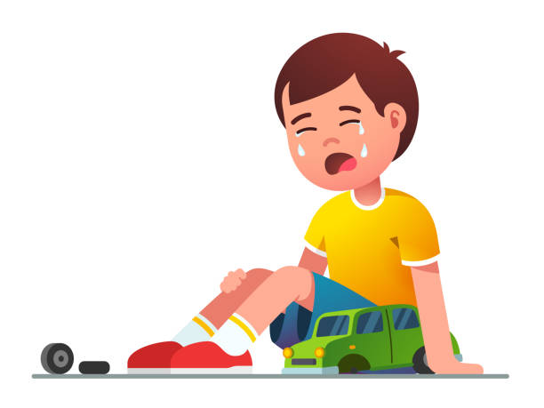 Sad boy kid sitting crying over broken toy car Sad boy kid crying over broken toy car sitting on floor. Upset weeping kid. Child cartoon character. Childhood and preschool problem coping. Flat vector isolated illustration broken toy stock illustrations