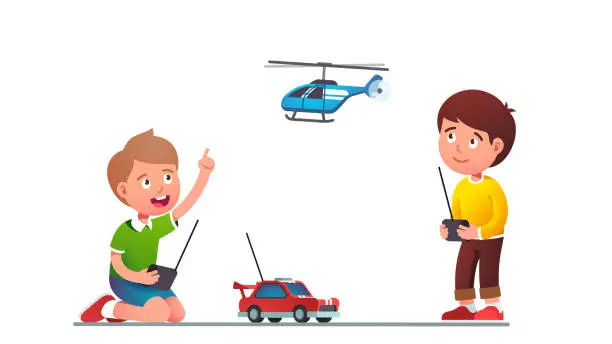 Vector illustration of Boys kids playing with radio-controlled toy car and helicopter