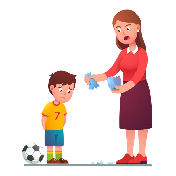 Angry mother scolding son kid for breaking vase Angry mother scolding sad preschool son kid for breaking vase while playing football. Upset guilty boy child with soccer ball. Parenting and misbehavior. Flat character vector isolated illustration abhor stock illustrations