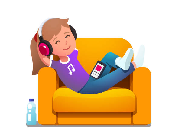 アームチェアの女の子が電話で音楽を演奏楽しむ - armchair comfortable relaxation headphones点のイラスト素材／クリップアート素材／マンガ素材／アイコン素材