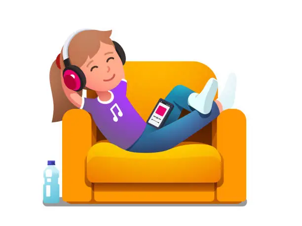 Vector illustration of Girl in armchair enjoying music playing on phone