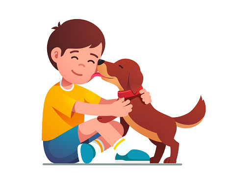 Adorable puppy dog licking kids face. Happy child hugging and petting domestic animal. Smiling boy kid sitting and embracing happy pet dog. Good friend. Flat character vector isolated illustration