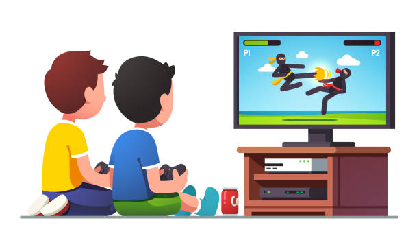 мальчики дети сидят на экране телевизора с контроллерами - video game friendship teenager togetherness stock illustrations