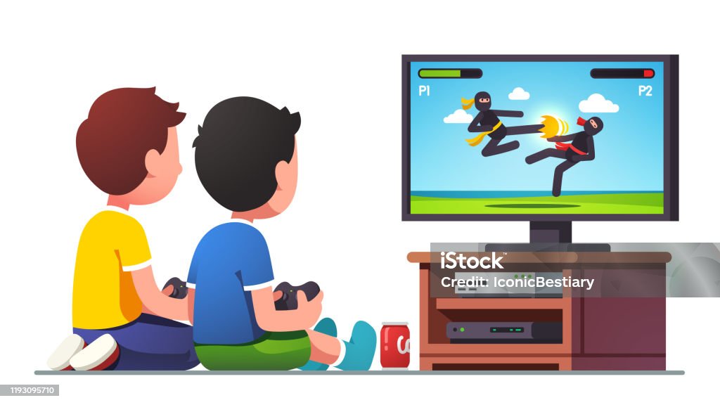 Boys Kids Sitting At Tv Screen With Controllers Stock Illustration -  Download Image Now - Video Game, Child, Playing - iStock