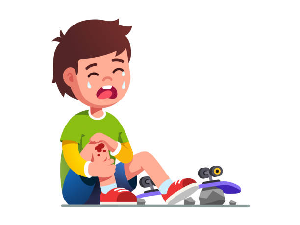 Crying boy kid fallen off skateboard. Child skater Crying boy kid fallen off skateboard. Child skater cartoon character holding painful wounded leg knee scratch, bruise with blood drips. Childhood, injury, extreme sports. Flat vector illustration knee contusion bruised knee stock illustrations
