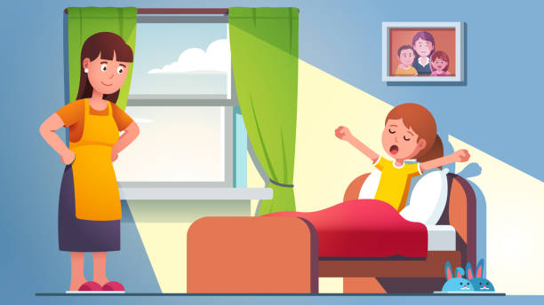 Mother waking daughter kid who is yawning Mother waking daughter kid who is yawning, still lying in bed under blanket. Mom standing at sleepy child bed on late weekend morning. Sun lit home bedroom room interior. Flat vector illustration bedroom clipart stock illustrations