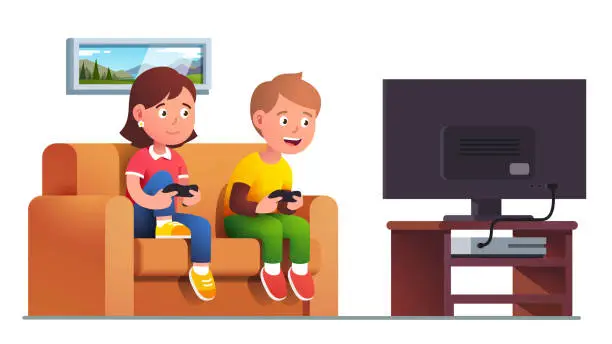 Vector illustration of Boy, girl sit on sofa playing console video game