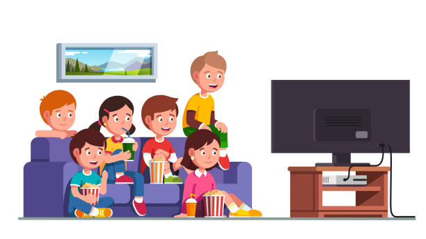 Boys, girls sitting on sofa watching movie show Excited boys, girls kids group sitting on sofa watching movie show together on big TV screen. Children home party eating popcorn, drinking. Entertainment leisure. Flat vector character illustration kids watching tv stock illustrations