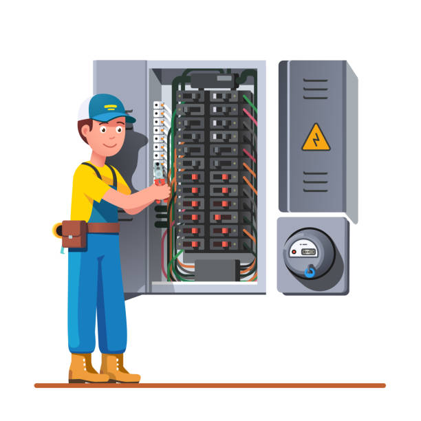 Engineer man working with breaker and fuse box Electrician engineer man working with breaker and fuse box. Electrical service panel cabinet electric meter. Switch board wiring maintenance job. Flat vector technician character illustration electrician stock illustrations