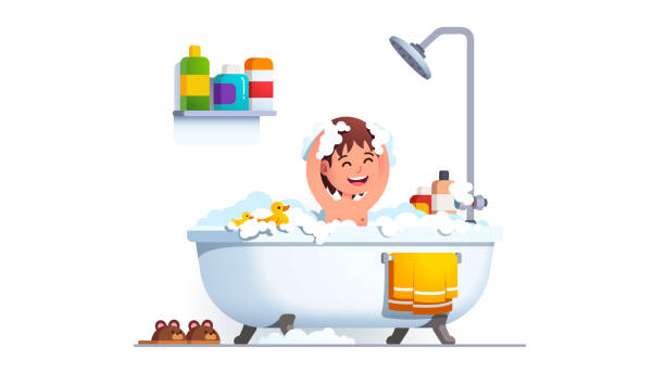 kind mit bad waschen kopf und körper alle mit suds bedeckt. junge wärst sich in großer badewanne mit viel shampoo schaum & spielzeug ente. entzückende lächelnde kind im bad. flache vektor-illustration - hand over head illustrations stock-grafiken, -clipart, -cartoons und -symbole