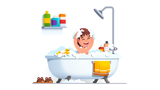 Kid having bath washing head and body all covered in suds. Boy washes himself in big bathtub with lot of shampoo foam & toy duck. Adorable smiling child in bathroom. Flat style vector character isolated illustration