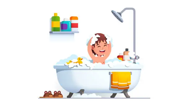 Vector illustration of Kid having bath washing head and body all covered in suds. Boy washes himself in big bathtub with lot of shampoo foam & toy duck. Adorable smiling child in bathroom. Flat vector illustration