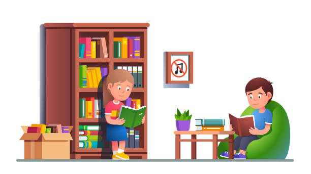 Kids reading books in library. Sitting on bean bag chair and standing leaning to big bookcase holding books. Boy and girl studying in classroom absorbing knowledge. Flat vector illustration Kids reading books in library. Sitting on bean bag chair and standing leaning to big bookcase holding books. Boy and girl studying in classroom absorbing knowledge. Flat style vector character isolated illustration bean bag illustrations stock illustrations