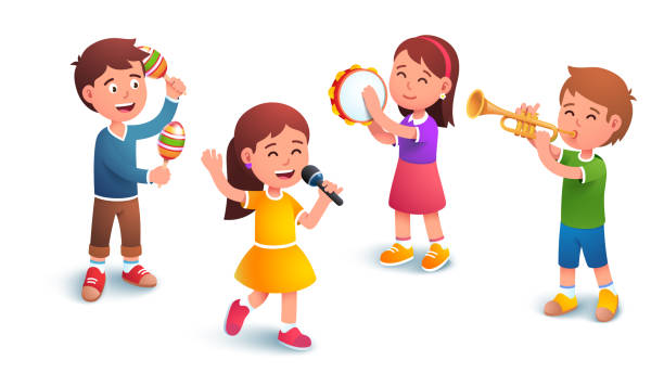 Kids music band playing standing together. Lead singer sing holding mic. Boys and girls children group play on maraca, tambourine and trumpet instruments. Flat vector musician character illustration set Kids music band playing standing together. Lead singer sing holding mic. Boys and girls children group play on maraca, tambourine and trumpet instruments. Flat style vector musician character isolated illustration set musical equipment stock illustrations