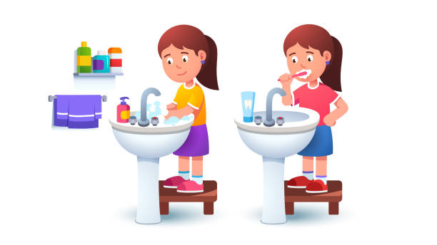 아이 소녀는 손을 씻고 혼자 의자 위에 서있는 빨판 싱크대에서 칫솔을 들고 양치질을합니다. 어린이 아침 욕실 루틴입니다. 플랫 벡터 일러스트레이션 - baby wipe rubbing cleaning human hand stock illustrations