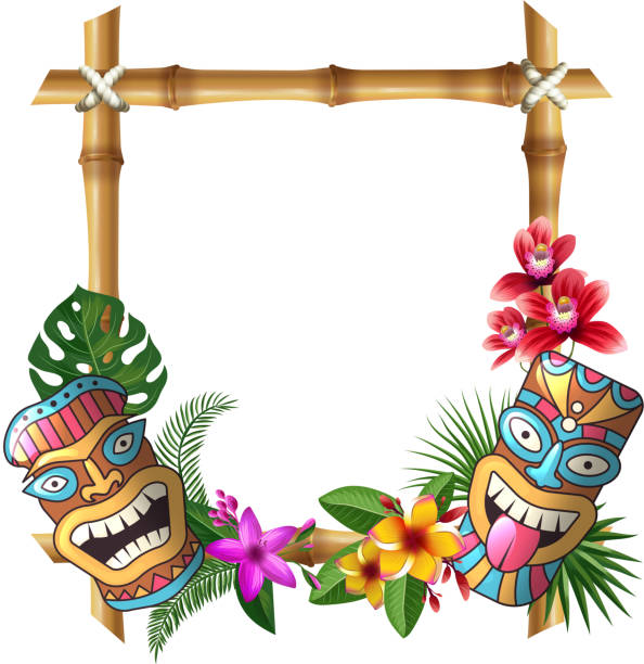 illustrazioni stock, clip art, cartoni animati e icone di tendenza di maschera tiki e cornice. hawaii autentico sfondo quadrato di bambù bastoni fiori esotici e piante legno totem vettore oggetto culturale - tropical climate polynesia flower pacific islands