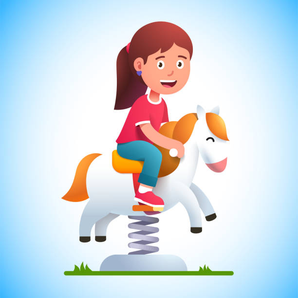 就学前の子供は春に馬を揺らすに乗って遊びます。幼稚園や保育園の子供レクリエーション屋外夏の活動。小さなおもちゃのポニーに興奮した笑顔の女の子。フラット ベクトルの図 - spring ride点のイラスト素材／クリップアート素材／マンガ素材／アイコン素材