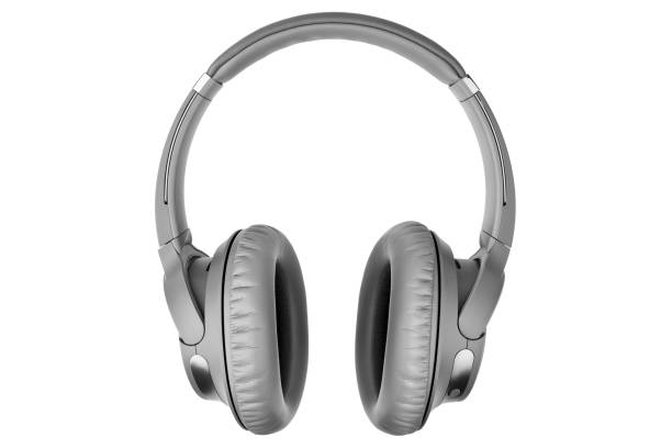 istock Gray wireless headphones on white background isolated close up, grey bluetooth headset design, modern black wi-fi earphones concept, audio music device symbol, stereo sound electronic equipment sign 1193098051