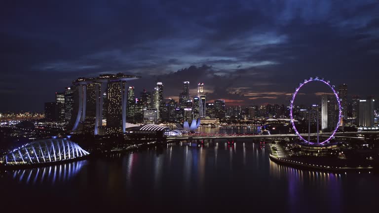 Aerial view of the Singapore landmark financial business district at twilight sunset