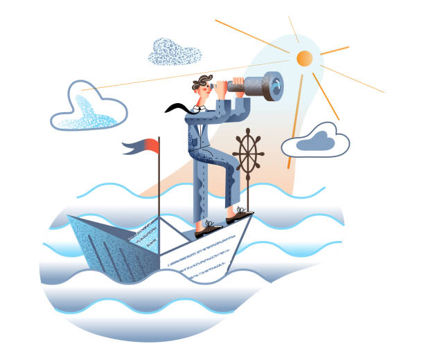 istock Strategy searching flat vector illustration. Businessman on paper boat looking in spyglass. Entrepreneur in formal wear cartoon character. Business plan, startup idea. Looking for new opportunity. 1193101868