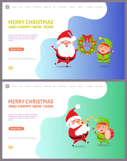 산타 클로스와 엘프인사말 카드, 웹 포스터 - bell jingle christmas music stock illustrations