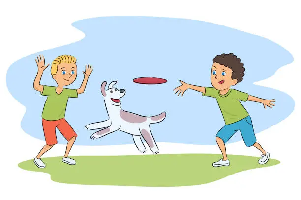 Vector illustration of Boys and dog playing with flying disc cartoon