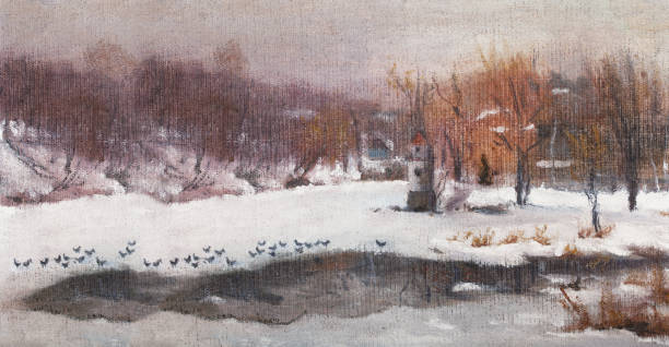 Fashionable winter Christmas illustration modern work of art allegory my original oil painting on canvas symbol nature horizontal landscape impressionism architecture snow-covered trees frozen river birds against the backdrop of falling white snow Fashionable winter Christmas illustration modern work of art allegory my original oil painting on canvas symbol nature horizontal landscape impressionism architecture snow-covered trees frozen river birds against the backdrop of falling white snow and a gray winter sky christmas oil painting stock illustrations
