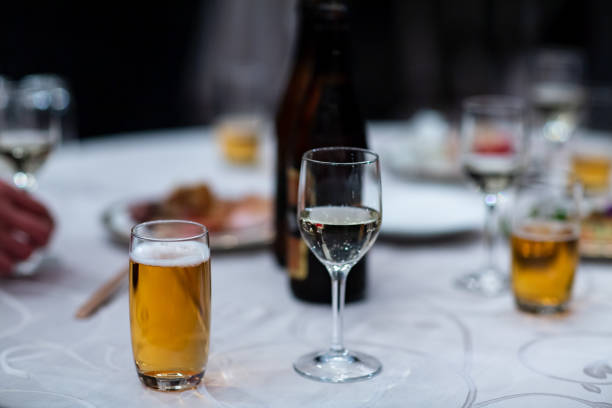 Catering services background with glasses of wine on bartender counter in restaurant.