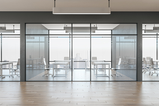Contemporary office interior with glass, wooden floor, furniture, city view and daylight. 3D Rendering