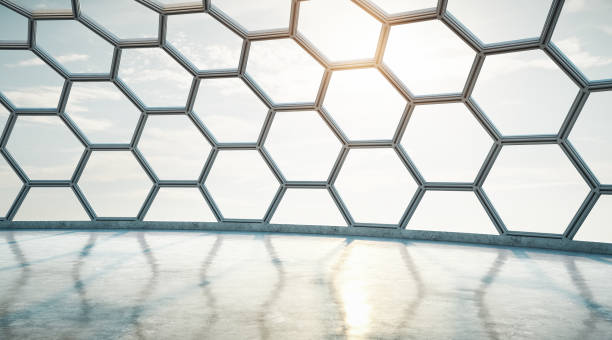 istock Empty light spacious modern hall with honeycomb window and concrete floor. 1193104597