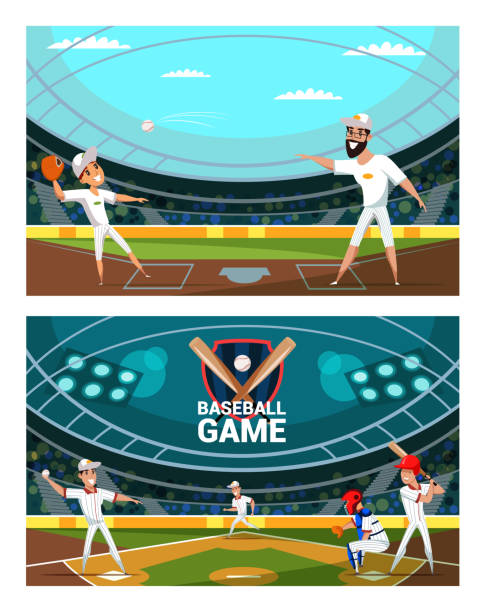 люди, играющие в бейсбол вектор иллюстрации набор - baseballs baseball stadium athlete stock illustrations