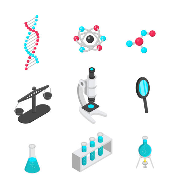 Science symbols isometric vector illustrations set Science symbols isometric vector illustrations set. DNA helix, atom and molecule structure models. Lab equipment, scientific research tools and glassware. Scales, microscope and magnifying glass laboratory clipart stock illustrations